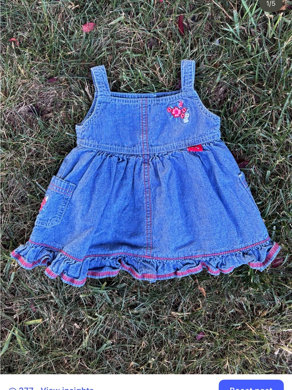 VINTAGE Denim Baby Girl Dress with Floral Embroidery